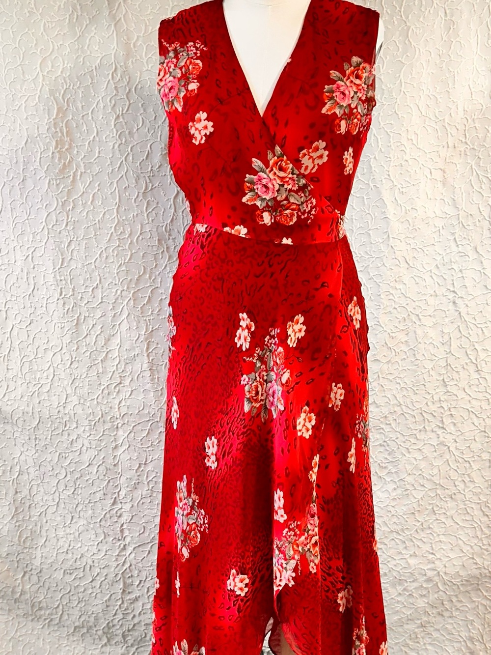 Red Floral Wrap Sleeveless Dress